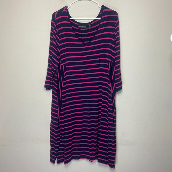 Cynthia Rowley Women 2X Knee Length Dress Navy Blue Pink Stripe VNeck 3/4 Sleeve - Picture 1 of 8